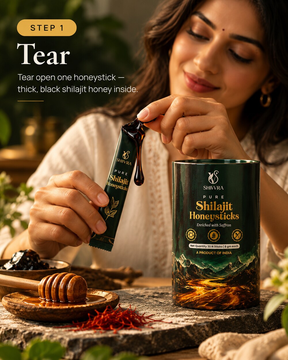 Shivvra honeystick torn open with thick black shilajit honey dripping out
