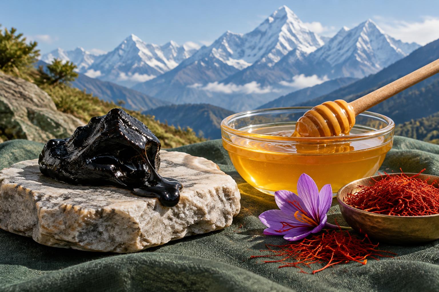 Resin, honey and saffron shown separately in an editorial ingredient scene