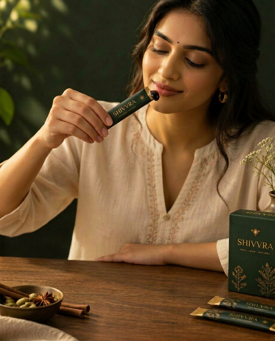 Illustrative photograph of a woman taking dark shilajit honey straight from a stick