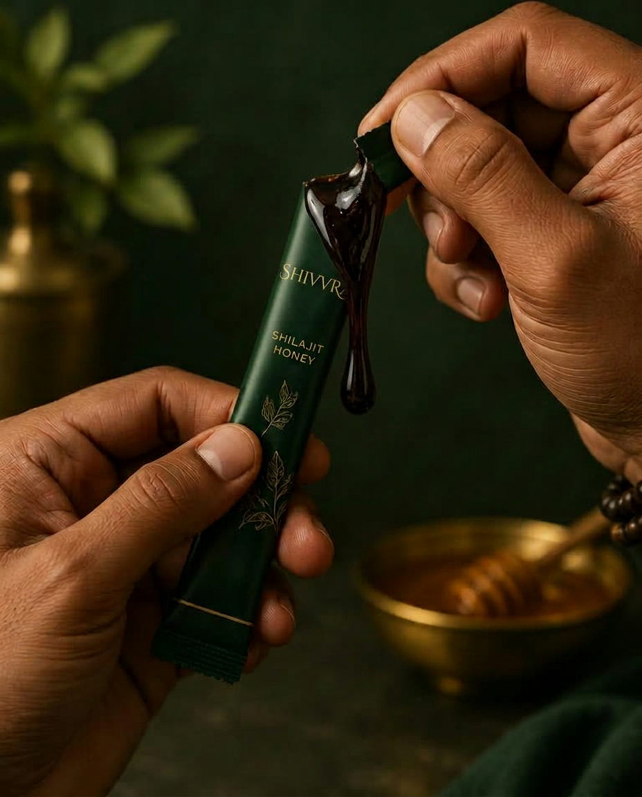 Illustrative photograph of hands opening a dark shilajit honey stick