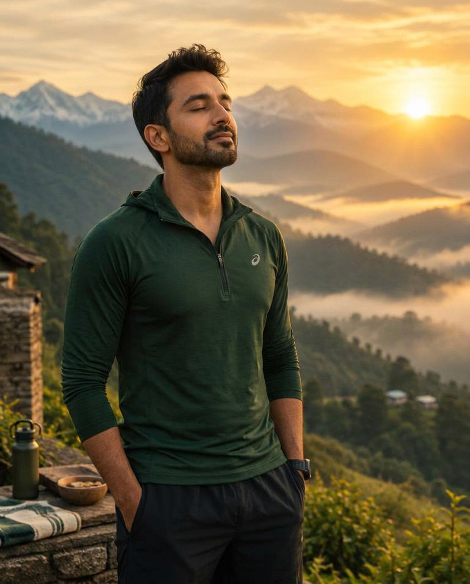 Illustrative photograph of a man outdoors in the Himalayan morning